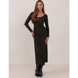 New Park & Fifth Austin Dress Small Olive Green Floral Ruched Long Sleeve A24